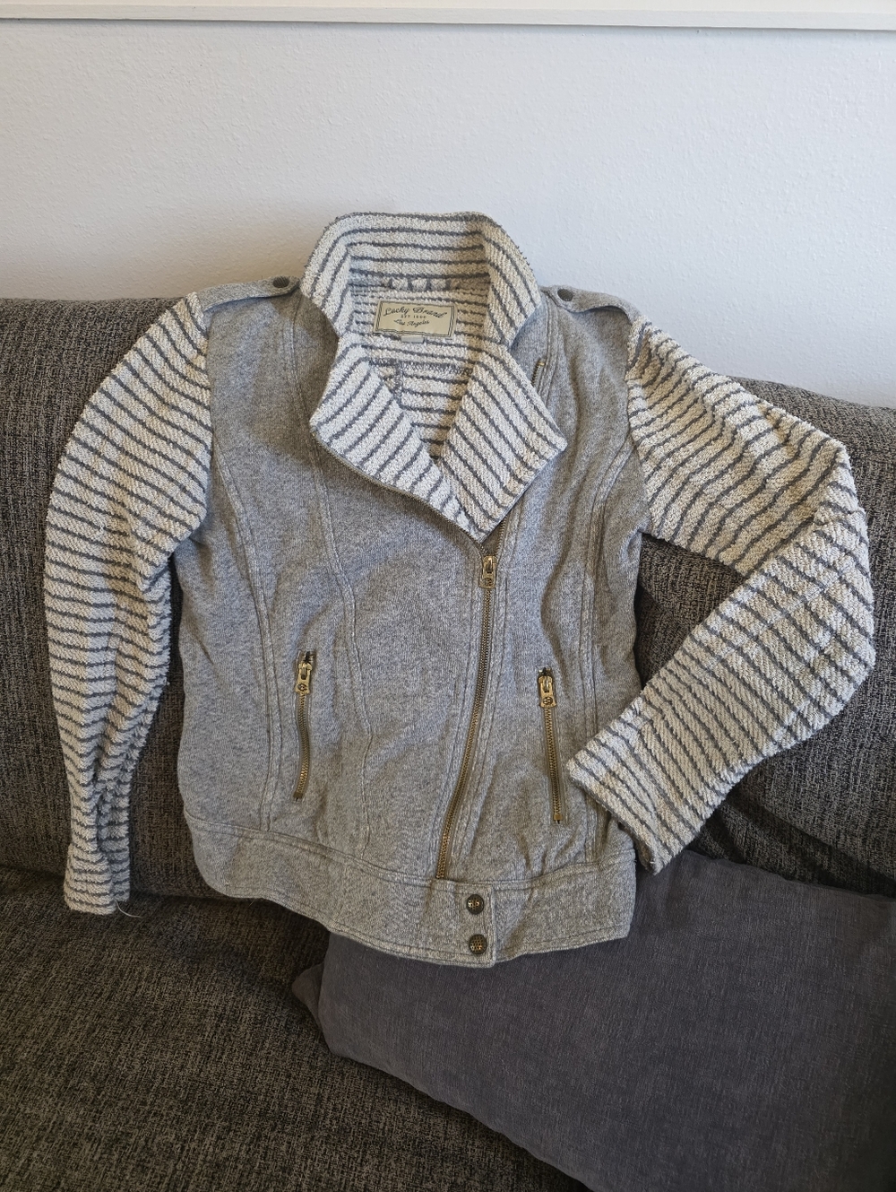 Lucky Brand Cozy Grey Zip-Up Moto Jacket with Striped Knit Sleeves